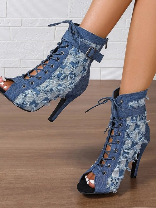Distressed Denim Lace-Up Peep Toe Ankle Boots