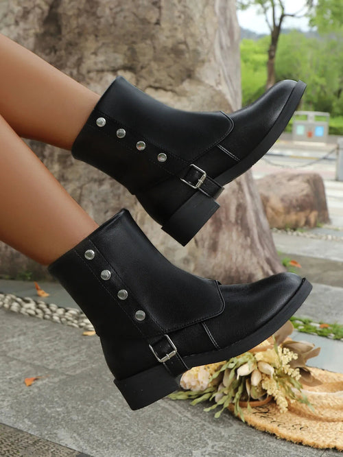 Stylish Buckled Block Heels Boots